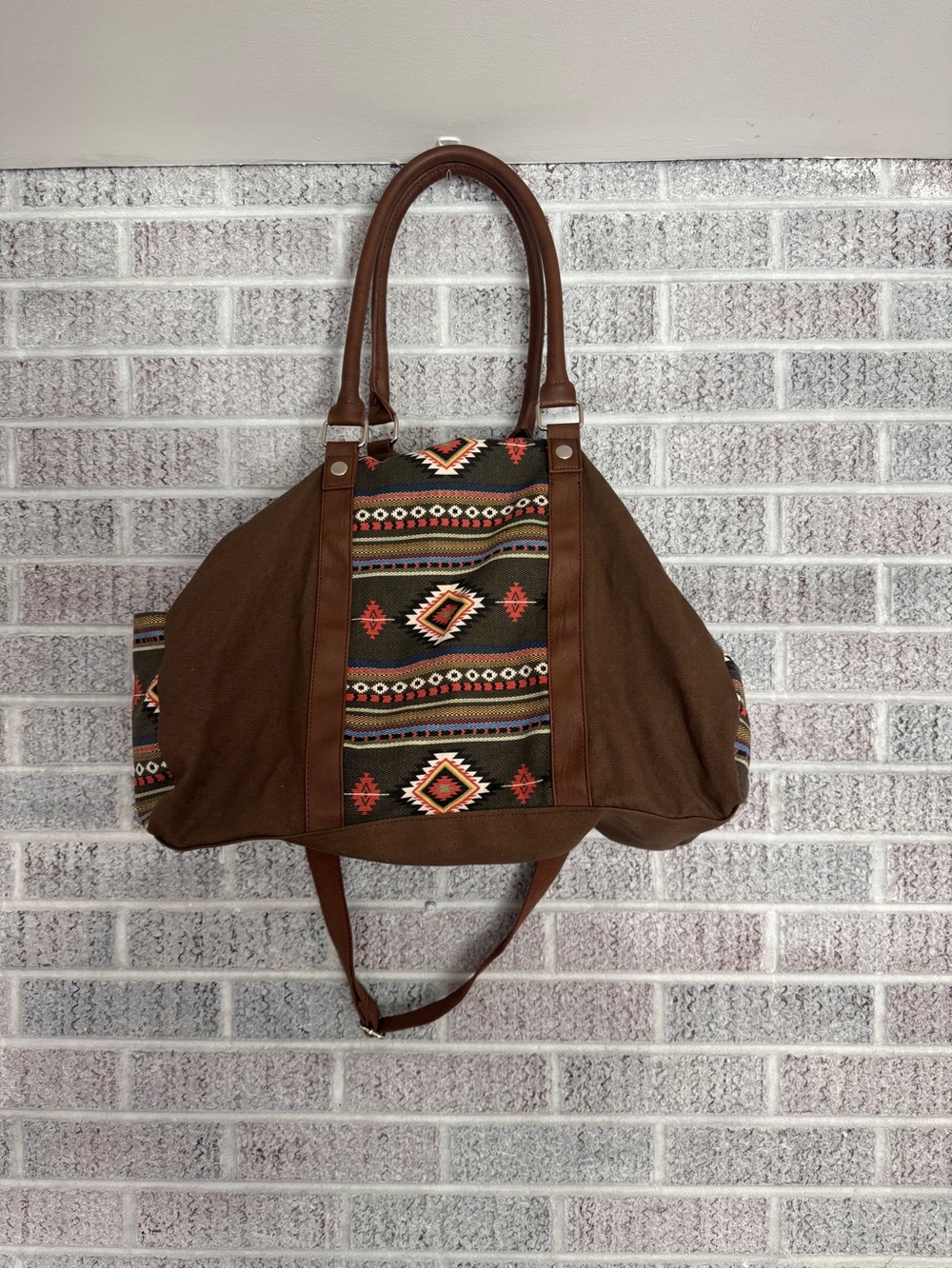 Brown Aztec Canvas Tote Bag with Patterned Center Panel